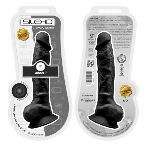 n11123 9 inch realistic silicone dual density dildo with suction cup with balls black packaged